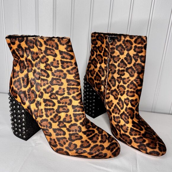 Jessica Simpson 9.5 Leather Cheetah Print Studded heel booties Real Cow Hair Fur - Picture 1 of 8